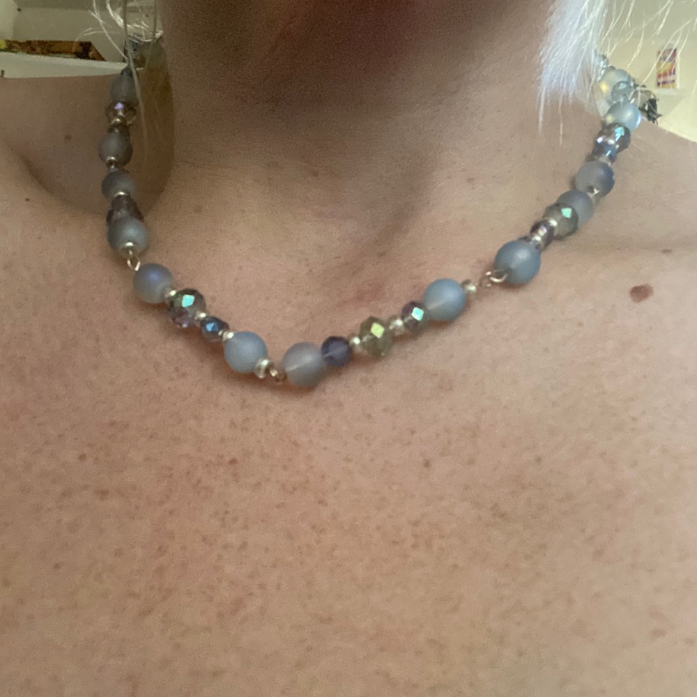 Handmade glass bead necklace blues and iridescent black and  sterling silver